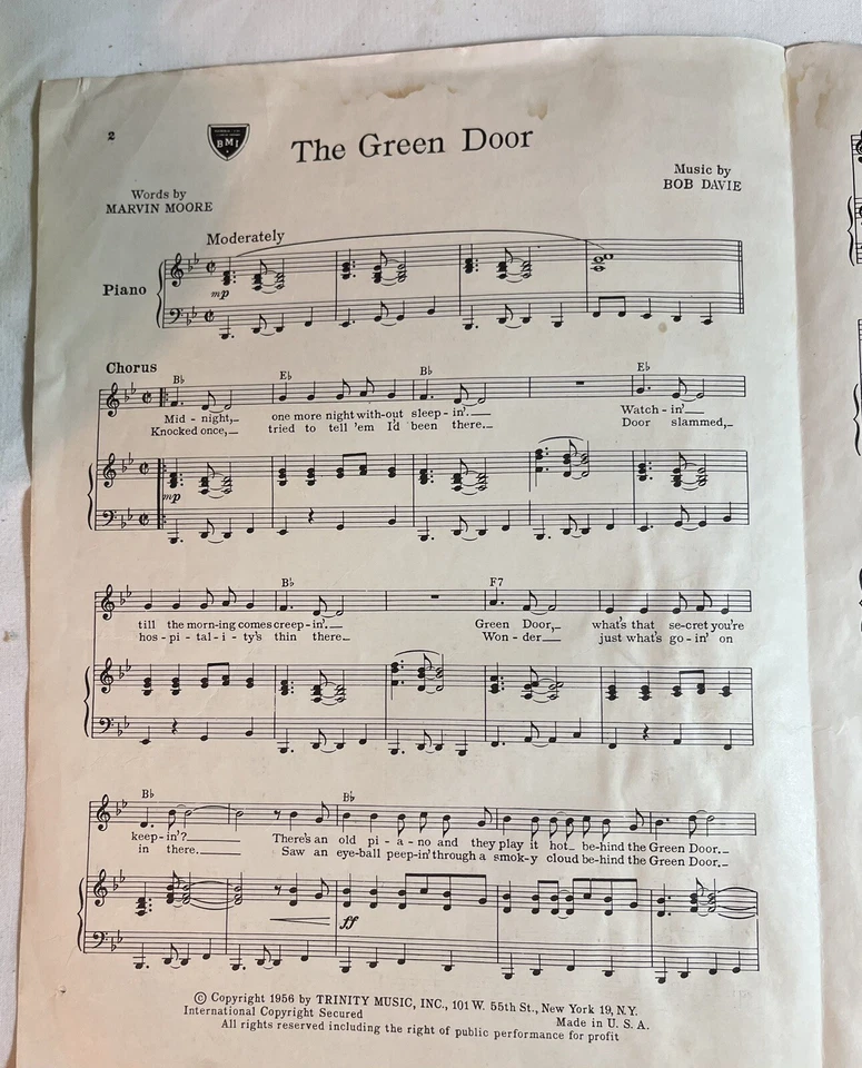 Нотная музыка The Green Door Джим Лоу Боб Дэви Марвин Мур 1956 поп-хит песня - Изображение 2 из 4