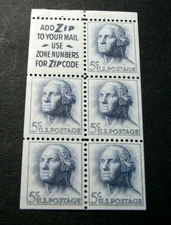 US Booklet Panes Scott# 1213a Washington  MNH Pane of 5 Slogan 2 (see note)L328