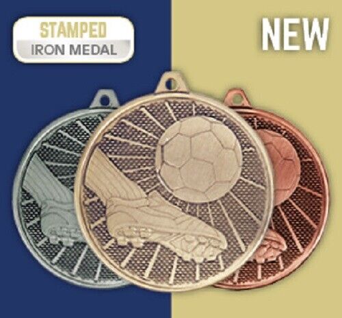 100 x Metal Football Medals & Ribbons. In Gold Silver or Bronze FREE ENGRAVING