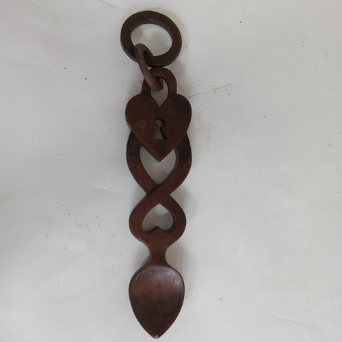 Vintage Handmade Wales Hand Carved Wood Welsh Love Spoon Lock Hearts