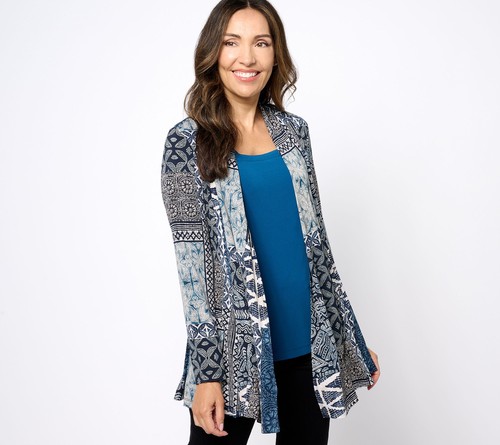 Susan Graver Regular Printed Liquid Knit Cardigan and Solid Tank Set Sand/Tinte 2X