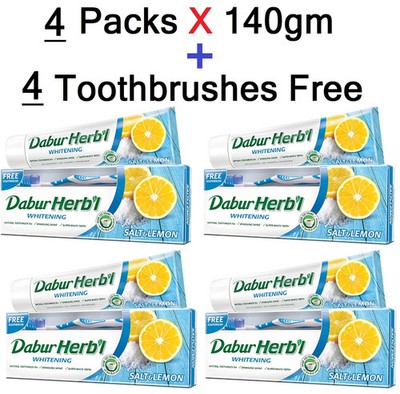 Dabur Herbal Natural Toothpaste of Lemon and Salt+Toothbrush Free(4Packs X 140g)