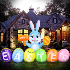 6 Ft Easter Inflatable Bunny w/Eggs, Build-In LED Lights -Colorful Outdoor Decor