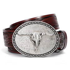 Western Belts for Men Floral Engraved Leather Belts with Cowboy Longhorn Bull Bu