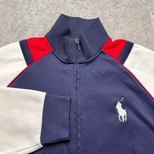 Polo Ralph Lauren Track Jacket Men L Blue White Red Knit Interlock VTG Full Zip