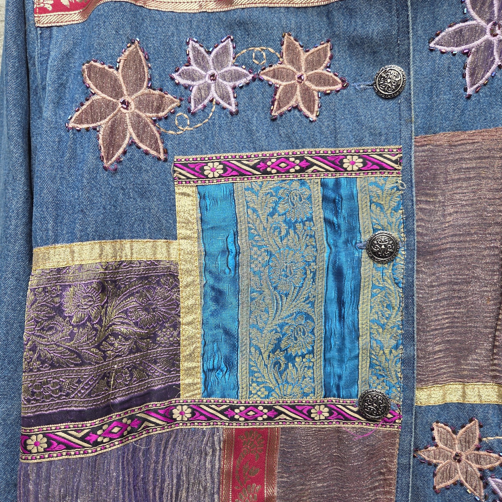 Embroidered Patchwork Denim Jacket Boho Art to We… - image 3