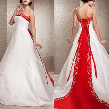 White And Red Wedding Dresses Elegant Embroidery Satin A-Line Long Bridal Gowns