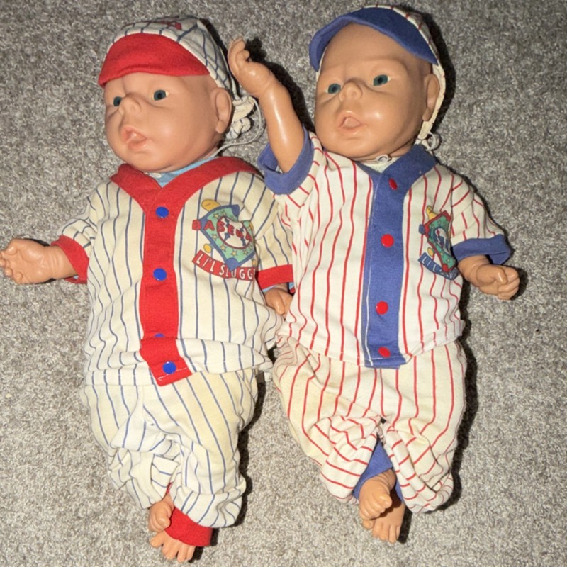 Little Slugger 14 in Baby Dolls Lot of 2 Soft Body Cloth Vinyl Baseball Outfits