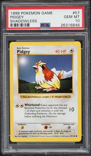 PSA 10 Pidgey Shadowless Base Set Pokemon Card #57 Gem Mint