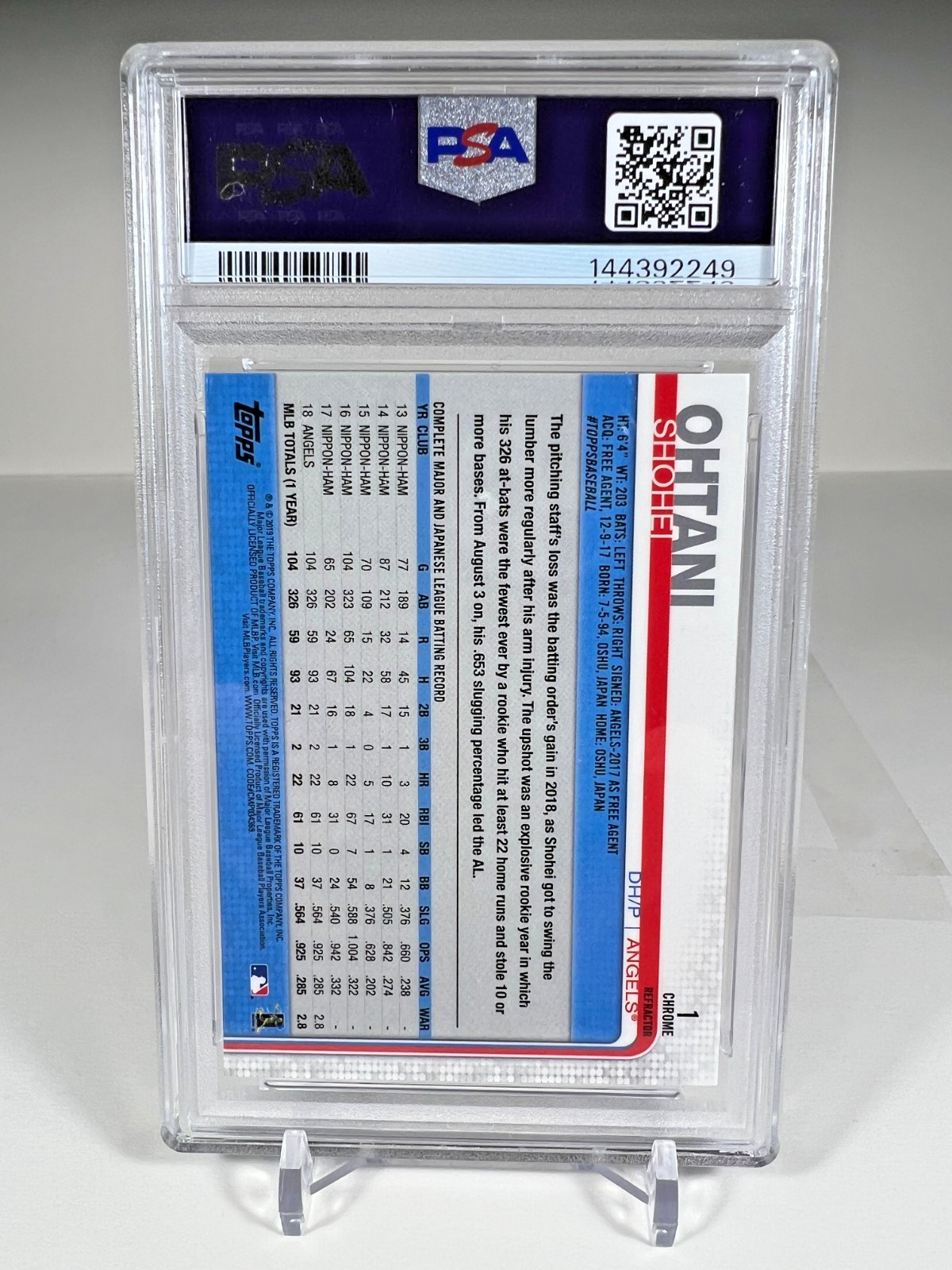 2019 TOPPS CHROME REFRACTOR #1 SHOHEI OHTANI PSA 9 view 2
