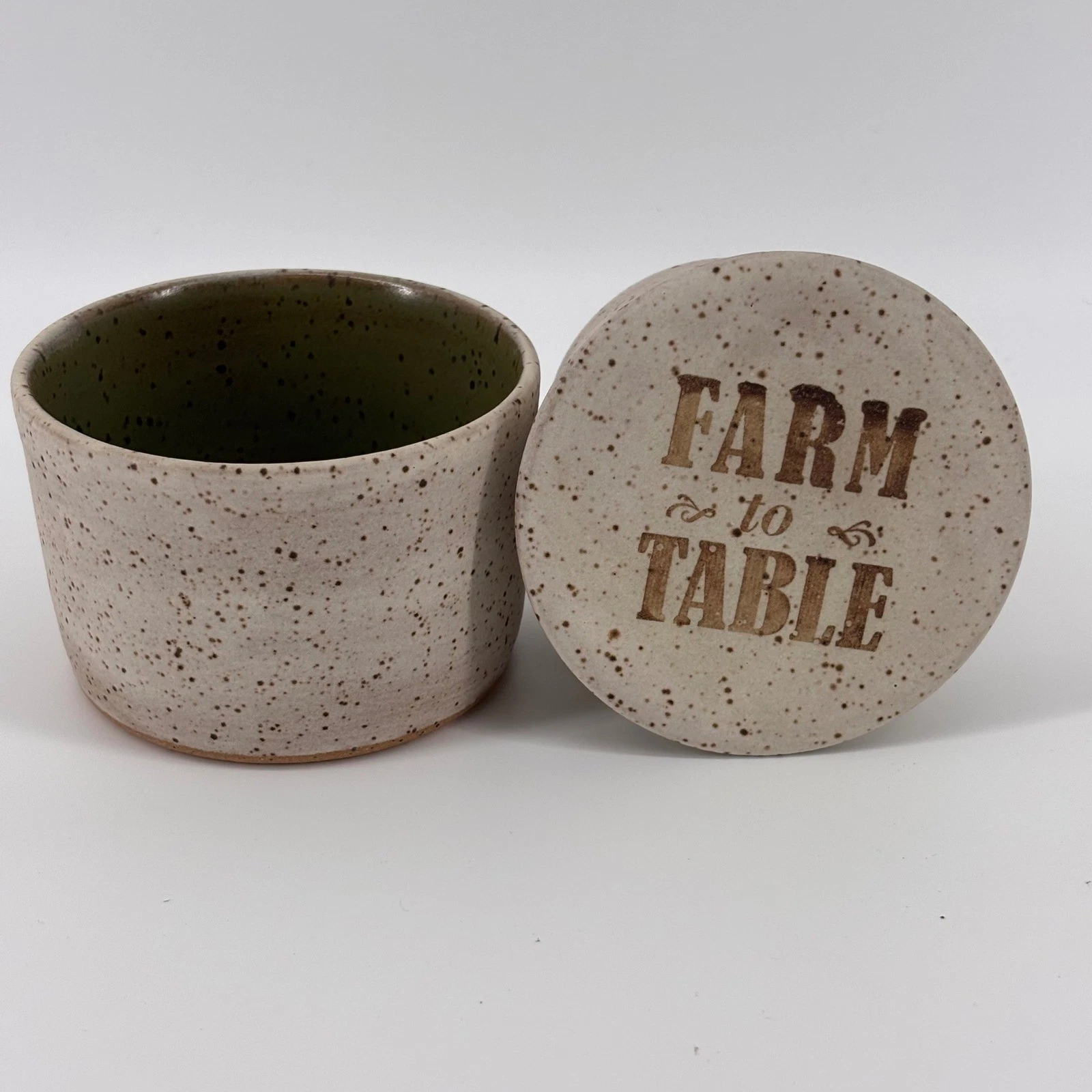 Farm to Table Ceramic Butter Keeper Farmhouse Rustic Speckled Green Interior
Opens in a new window o