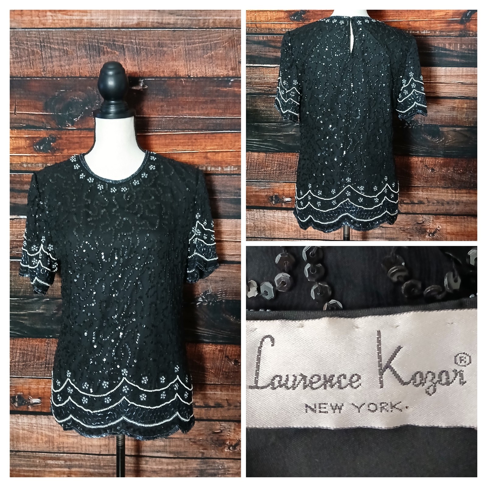 Laurence Kazar Vintage Top Size M 100% Silk Beaded Sequin Black Lined Blouse 