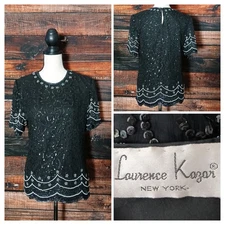 Laurence Kazar Vintage Top Size M 100% Silk Beaded Sequin Black Lined Blouse 