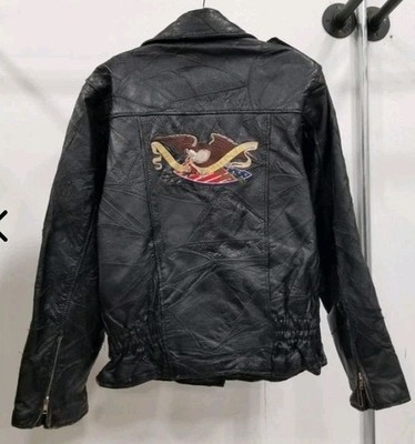 Vintage Men's Patchwork Leather Motorcycle Jacket SZ S God Bless America Eagle