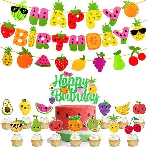 21pcs Fruit Party Decoration Set Fruit Theme Happy Banner Garland Cake Cupcak...