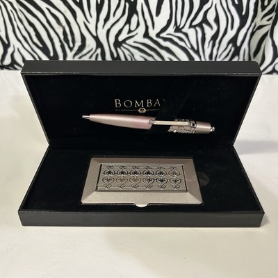 BOMBAY Pen & Business Card Holder Set Vtg Rhinestones Bling Gift Box Light Pink