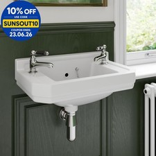 Wall Hung Bathroom Sink Basin White Gloss Traditional 2 Tap Hole Cloakroom