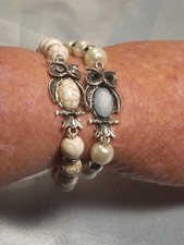 Natural Stone Beaded Owl Bracelet for Women Stretch Set Of 2