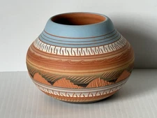 Navajo Art Pottery Vase Hand Etched Native American Southwestern Pot Signed