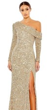 Mac Duggal gold sequin drop shoulder long gown with long sleeves size 12