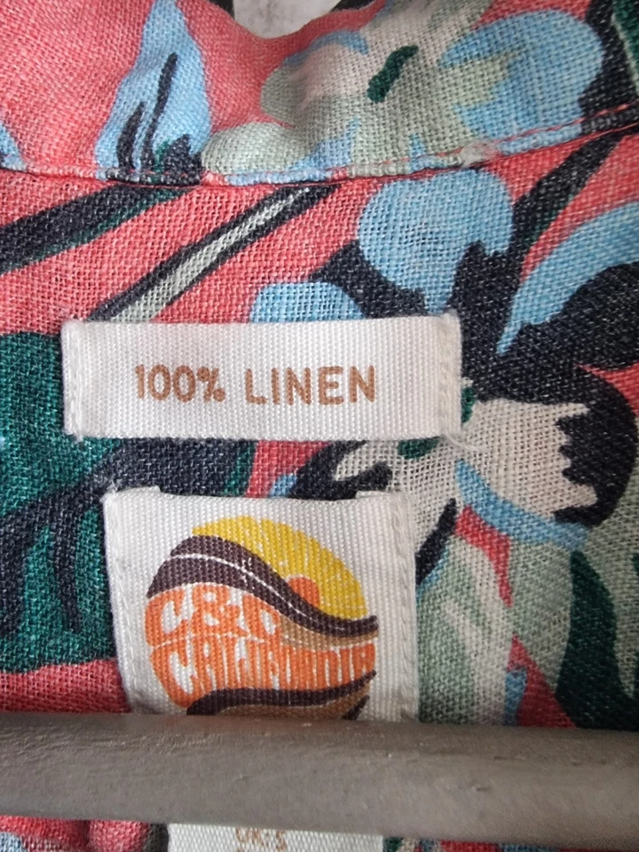 C & C California 100% Linen Button Up Shirt Mens Size S Summer  Bright Tropical. - Image 4 of 4