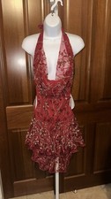 Women s Red Sequin Beaded Halter Dance Dress Open Back