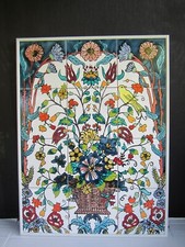 Tile Mural Flower Basket & Bird. 12 Mediterranean Ceramic Tiles. 24"x18". Framed