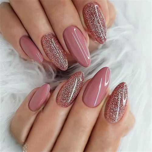 Gebrochener Diamant falscher Nagel rosa kurze Mandelpresse auf Nägeln für Nail Art 24 Stck.