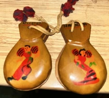 2Piece Wood Castanets Flamenco. Souvenir. Amazing Hand painted Art Work. Vintage