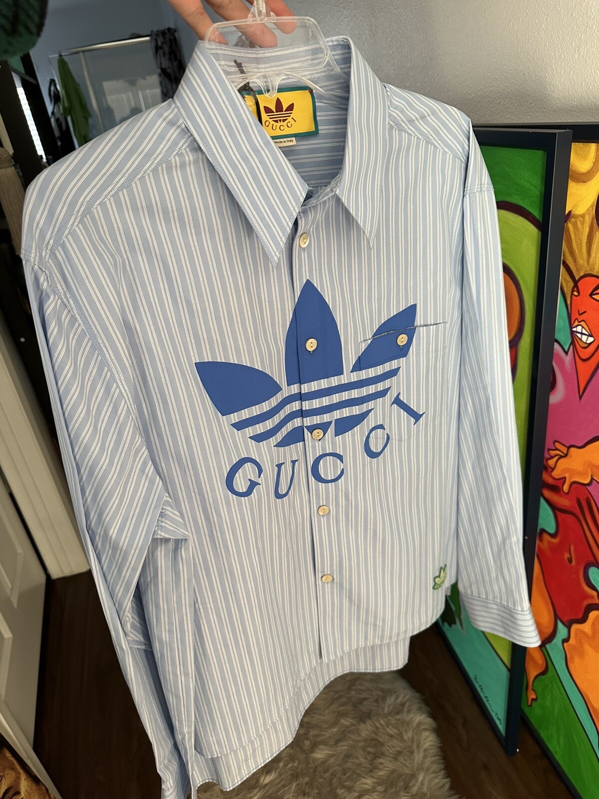 Gucci x Adidas stripe High-Low cotton shirt Sze 16+ Limited Edition w ...