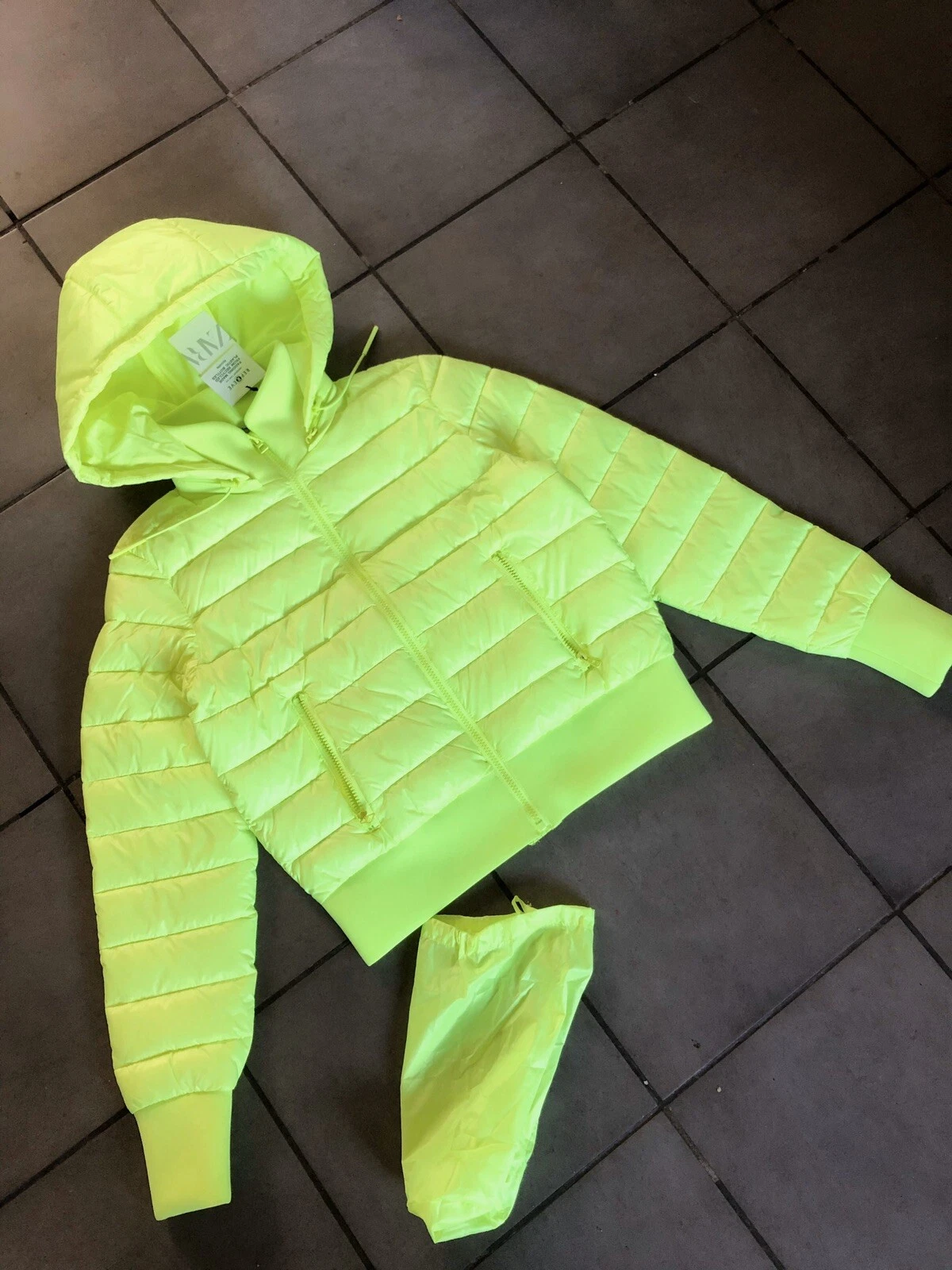 Zara Neon Floracent Green Packable Water Resistant Puffer Jacket L UK14 # P17L