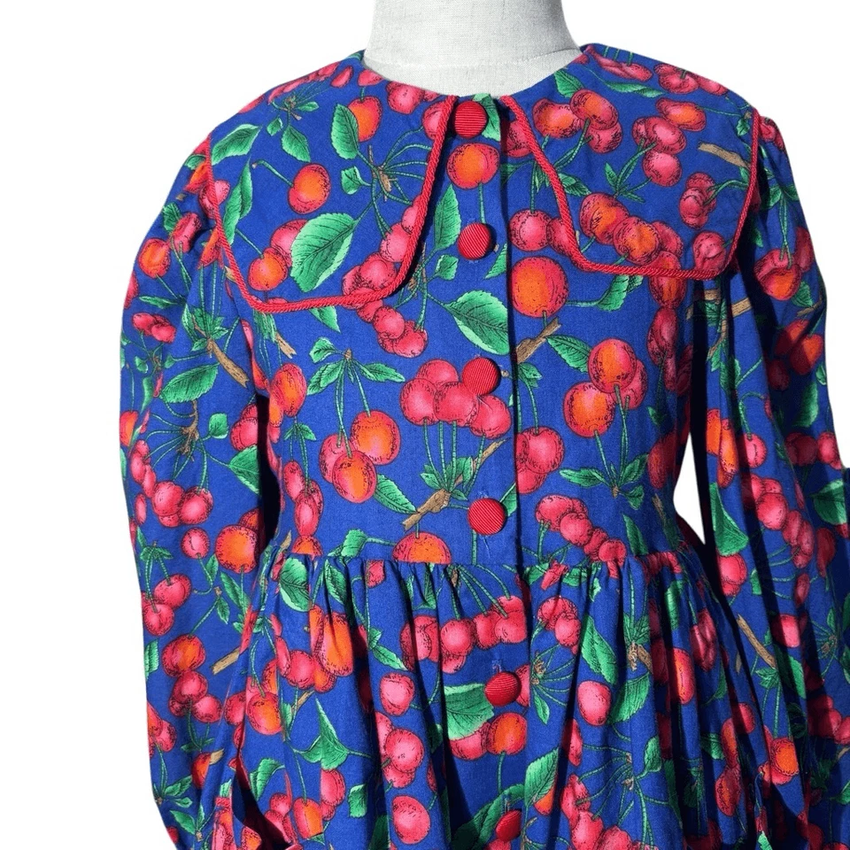 Vintage 80s Plum Pudding LTD Cherry Print Capelet Dress - Image 4 of 4