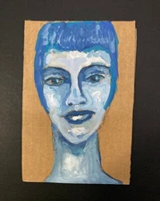 Original Portrait Painting Blue Tonal Naive Primitive Woman Wall Art Miz Katie