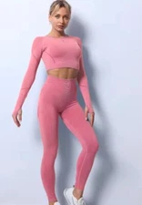 Yoga Set Size medium Women Red Seamless High Waisted Leggings Crop Shirt