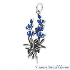 Blue Enamel Bluebonnet Texas State Flower 925 Solid Sterling Silver Charm