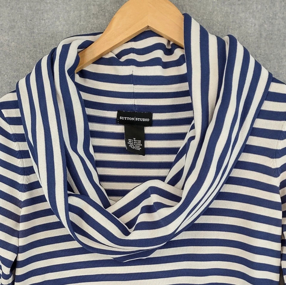 Suéter Sutton Studio Mujer Mediano Azul Blanco Náutico Rayas Capucha Pullover Foto 3 de 4