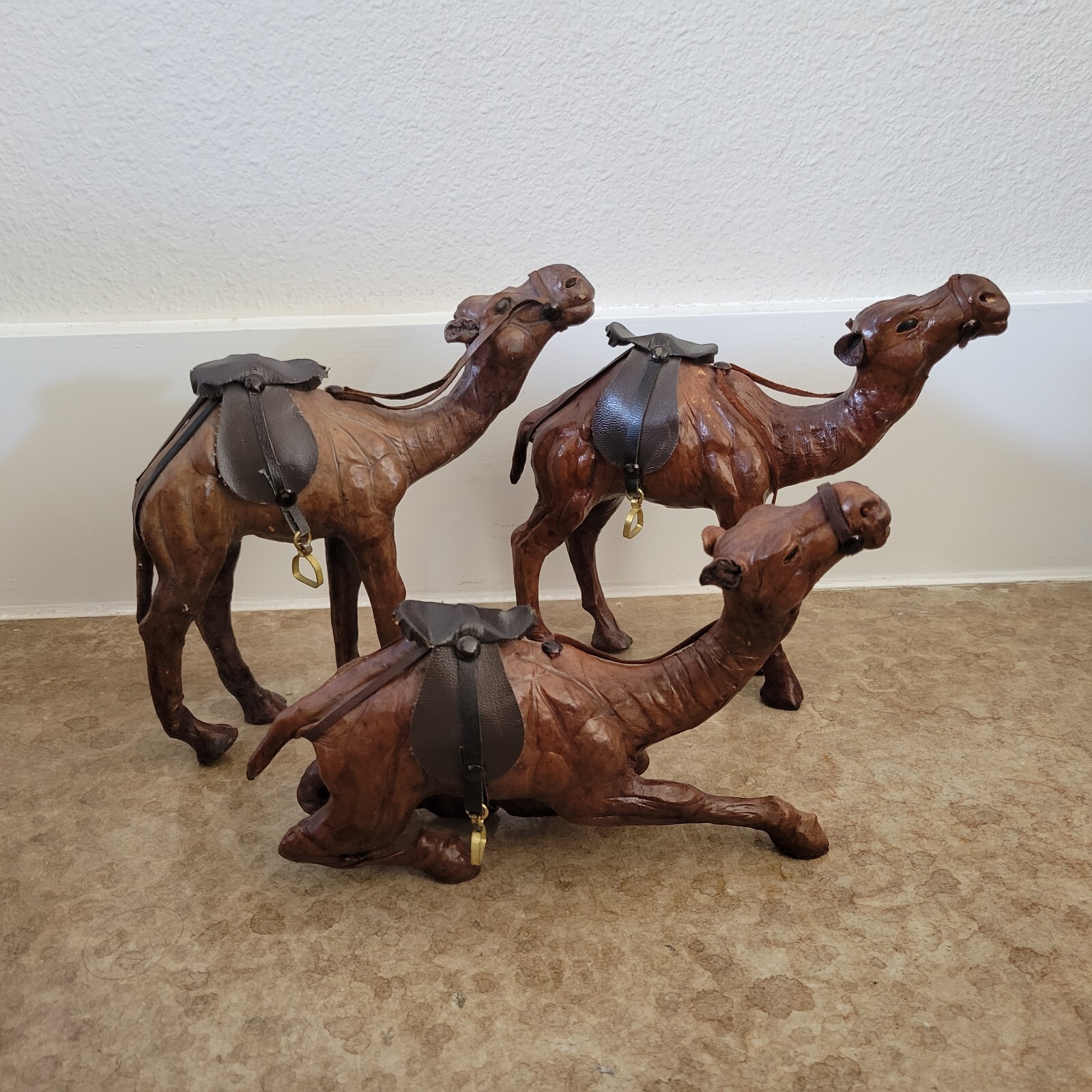 3 Vtg Leather Wrapped Dromedary Camel Figurines Nativity with Saddles Handmade