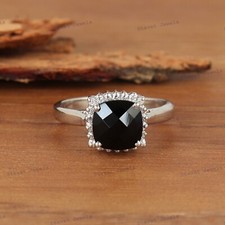 Natural Black Onyx 925 Sterling Silver Cushion Cut Gemstone Ring Gift for Her