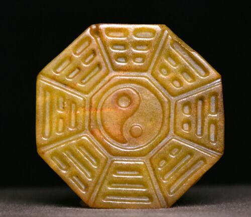 5CM Old Chinese Dynasty Natural Jade Carve Eight Diagrams Yubi Amulet Pendant