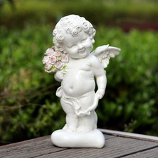 Garden Cupid Angel Statue with Pink Roses, White Cherub Figurine, Outdoor Ind...