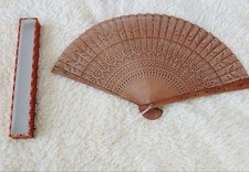 Wooden Hand Fan Engraved Case Included Vintage Collectible Decorative