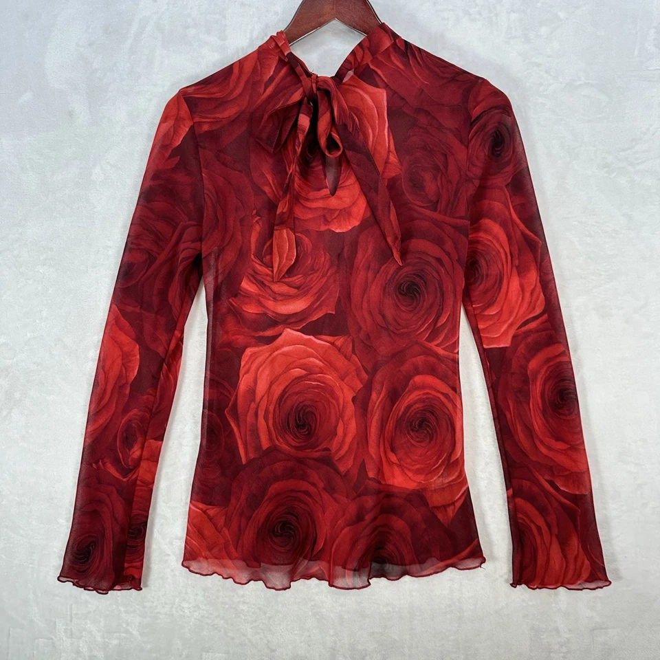 芒果上衣女式 S 红色玫瑰花卉雪纺蝴蝶结仙女垃圾 Y2K 浪漫 — 第 3/4 张图片