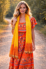 Orange Floral Maxi Dress Cotton Ruffle Flutter Sleeve Scoop Neck XL Long Casual