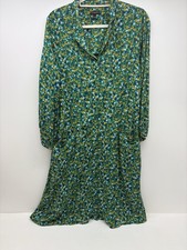 Talbots Green Floral Dress size 14 Button Front Belted Midi Modest L/S Retro
