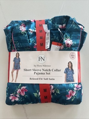 Flora Nikrooz 2 Piece Relaxed Fit Soft Satin Notch Collar Pajamas Medium
