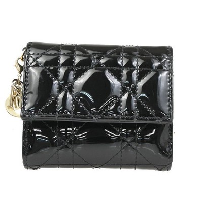 CHRISTIAN DIOR Logo Cannage Trifold Compact Wallet Patent Leather Black 34KC613