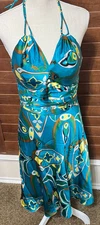 Y2K Morrell Maxie Dress 100% silk sz 8 Teal Satin Halter Cocktail party Fairy