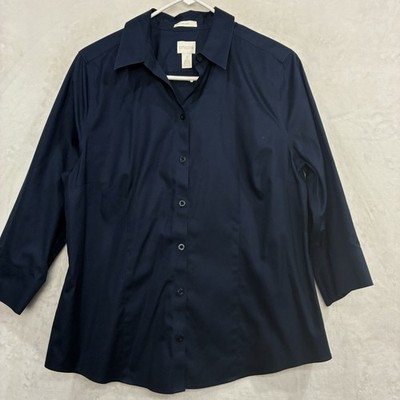 Chico's No Iron Navy Blue Button Down Shirt M Sz 1 Top 3/4 Sleeve