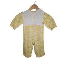 Vtg Health-tex Yellow Floral Lace Trim Romper 18 Months Made in USA 70s Retro