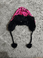 JUSTICE Pink Black HAT Sequins Cheetah Shimmer Winter Fleece Warm Pom Poms